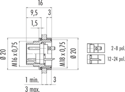 M16 IP67 male panel mount connector, Contacts: 3 DIN, shielding is not possible, solder, IP67, UL