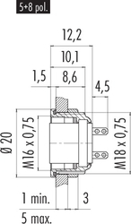 M16 IP67 female panel mount connector, Contacts: 3 DIN, shielding is not possible, solder, IP67, UL