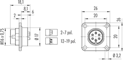 M16 IP67 square male panel mount connector, Contacts: 6 DIN, shielding is not possible, solder, IP67, UL