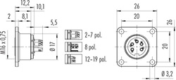 M16 IP67 square female panel mount connector, Contacts: 7, shielding is not possible, solder, IP67, UL