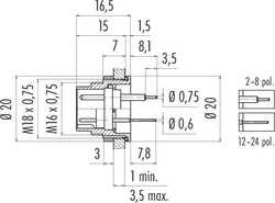 M16 IP67 male panel mount connector, Contacts: 8 DIN, shielding is not possible, dip-solder, IP68, UL, AISG compliant, front mounting