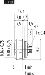 M16 IP67 female panel mount connector, Contacts: 8 DIN, shielding is not possible, dip-solder, IP68, UL, AISG compliant, front mounting