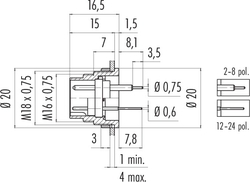 M16 IP40 male panel mount connector, Contacts: 3 DIN, shielding is not possible, dip-solder, IP40, front mounting