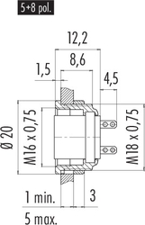 M16 IP40 female panel mount connector, Contacts: 3 DIN, shielding is not possible, solder, IP40