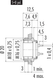 M16 IP40 female panel mount connector, Contacts: 5, shielding is not possible, dip-solder, IP40, front mounting