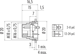 M16 IP40 male panel mount connector, Contacts: 6 DIN, shielding is not possible, solder, IP40, front mounting