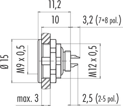 M9 IP67 female panel mount connector, Contacts: 2, shieldable, solder, IP67