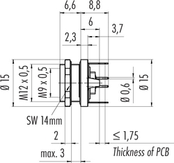 M9 IP67 female panel mount connector, Contacts: 3, shieldable, with shield plate, dip-solder, IP67, front mounting