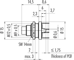 M9 IP67 male panel mount connector, Contacts: 8, shieldable, with shield plate, dip-solder, IP67, front mounting