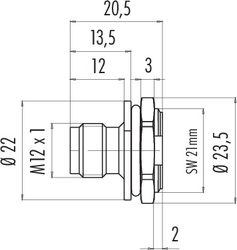 M12-A male panel mount connector, Contacts: 4, not shielded, solder, IP67, PG11