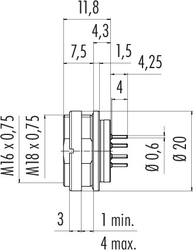 M16 IP67 female panel mount connector, Contacts: 19, shielding is not possible, dip-solder, IP67, UL, front mounting