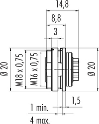 M16 IP40 female panel mount connector, Contacts: 8 DIN, shielding is not possible, crimp (Crimp contacts must be ordered separately), IP40, front mounting