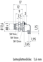 M8 male panel mount connector, Contacts: 3, shieldable, with shield plate, dip-solder, IP67, M8x1.0, front mounting