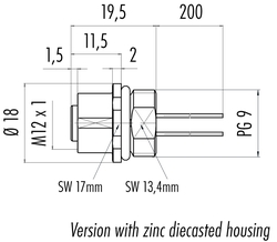 M12-A female panel mount connector, Contacts: 4, not shielded, single wires, IP68, PG9