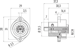 RD24 female panel mount connector, Contacts: 6+PE, shielding is not possible, screw clamp, IP67, UL, ESTI+, VDE