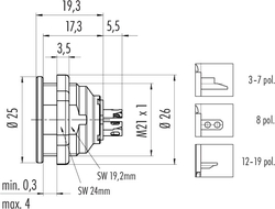 Push-Pull female panel mount connector, Contacts: 3 DIN, shieldable, solder, IP67 shielded