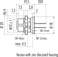 M12-A female panel mount connector, Contacts: 5, not shielded, single wires, IP68, UL, PG9 front mounting, front mounting