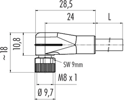 M8 male angled connector, Contacts: 4, not shielded, moulded on cable, IP67, UL listed, PVC black, 4 x 0.34 mm²