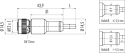 M12-A female cable connector, Contacts: 4, not shielded, moulded on cable, IP69K, UL listed, PUR black, 4 x 0.34 mm²