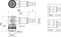 M12-A female angled connector, Contacts: 4, not shielded, moulded on cable, IP69K, UL listed, PVC grey, 4 x 0.34 mm²