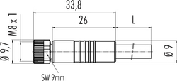 M8 female cable connector, Contacts: 3, not shielded, moulded on cable, IP67, UL listed, PUR black, 3 x 0.34 mm²