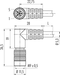 M9 IP67 female angled connector, Contacts: 8, shielded, moulded on cable, IP67, PUR black, 8 x 0.14 mm²