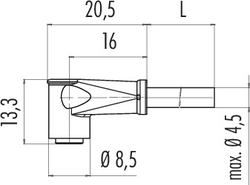 M8 female angled connector, Contacts: 4, not shielded, moulded on cable, IP65, PVC black, 4 x 0.25 mm²