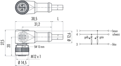 M12-A female angled connector, Contacts: 4, not shielded, moulded on cable, IP69K, UL listed, PVC grey, 4 x 0.34 mm²