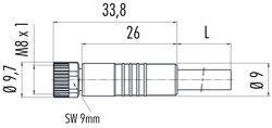 M8 female cable connector, Contacts: 6, not shielded, moulded on cable, IP67, UL listed, PUR black, 6 x 0.25 mm²