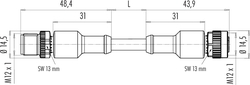 M12-A connecting cord, Contacts: 4, not shielded, moulded on cable, IP68, M12x1.0, PUR black, 4 x 0.34 mm²