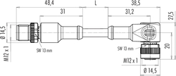 M12-A connecting cord, Contacts: 3, not shielded, moulded on cable, IP68, M12x1.0, PUR black, 3 x 0.34 mm²