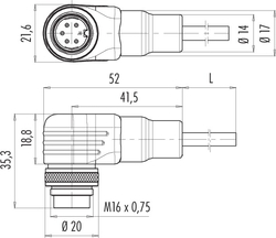 M16 IP67 male angled connector, Contacts: 14, not shielded, moulded on cable, IP67, Standard cable, PUR black, 8 x 0.25 mm² / 2 x 0.50 mm²