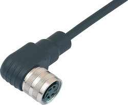 M16 IP67 female angled connector, Contacts: 6 DIN, shielded, moulded on cable, IP67, Shielded cable, PUR black, 6 x 0.25 mm²