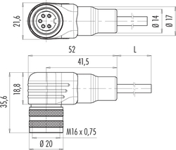 M16 IP67 female angled connector, Contacts: 6 DIN, shielded, moulded on cable, IP67, Shielded cable, PUR black, 6 x 0.25 mm²