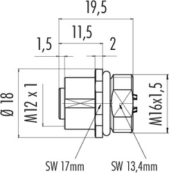 M12-A female panel mount connector, Contacts: 5, not shielded, solder, IP68, UL, M16x1.5