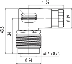 M16 IP67 female angled connector, Contacts: 8 DIN, 6.0 - 8.0 mm, shielding is not possible, solder, IP67