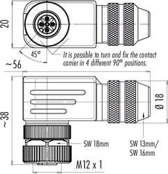 M12-A female angled connector, Contacts: 4, 6.0 - 8.0 mm, shielded, screw clamp, IP67, UL