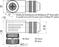 M12-B female angled connector, Contacts: 5, 6.0 - 8.0 mm, shielded, screw clamp, IP67, UL