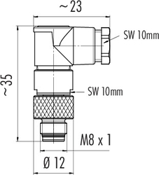 M8 male angled connector, Contacts: 3, 3.5 - 5.0 mm, not shielded, solder, IP67, UL listed