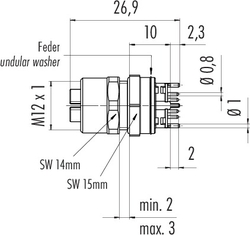 M12-X female panel mount connector, Contacts: 8, shielded, dip-solder, IP67, UL, M16x1.5