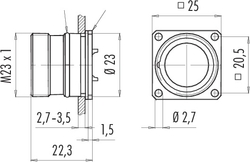 M23 square male panel mount connector, Contacts: 9, shielding is not possible, solder, IP67, back mounting