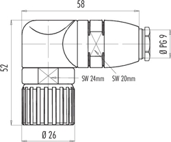 M23 female angled connector, Contacts: 19, 6.0 - 10.0 mm, shielding is not possible, solder, IP67