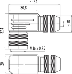 M16 IP67 female angled connector, Contacts: 3 DIN, 6.0 - 8.0 mm, shieldable, solder, IP67, UL